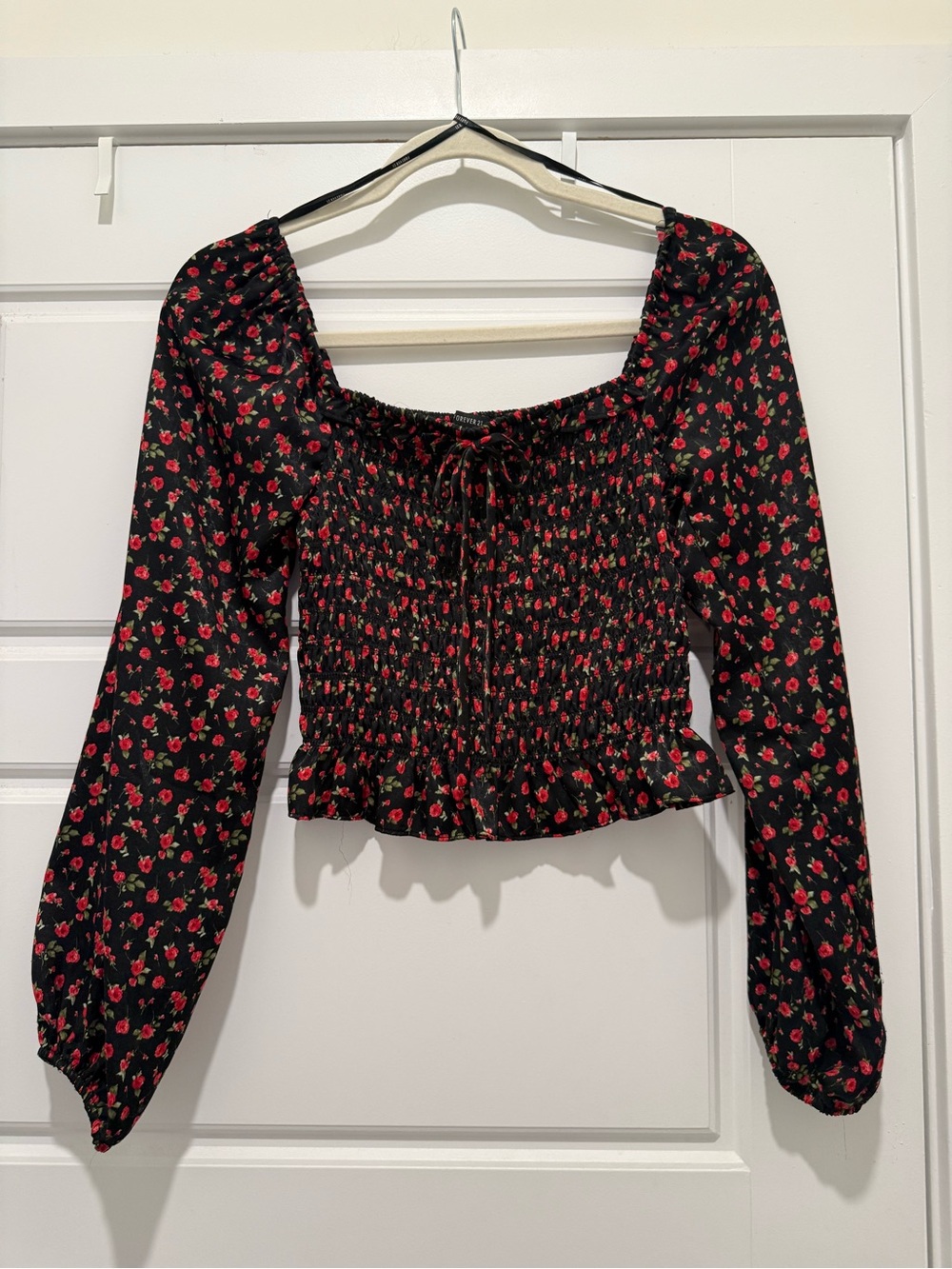 Forever 21 Black Smocked Crop Top with Red Floral Print